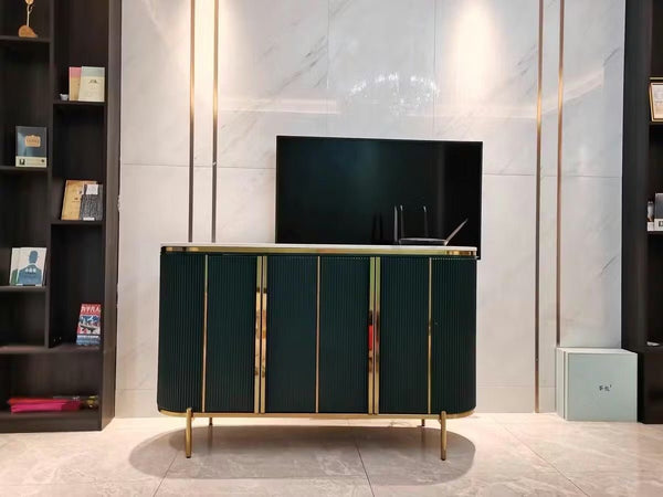 Elec Modern Sideboard Cabinet – Green with Gold Accents, Sintered Stone Top & Painted Steel Frame Storage Unit for Living & Dining Room - Sleek Furniture