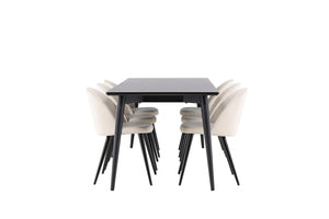 Ellis Dining Table with Velvet Dining Chairs | Modern Black Table & Beige Velvet Chairs, 6-Seater