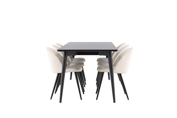 Ellis Dining Table with Velvet Dining Chairs | Modern Black Table & Beige Velvet Chairs, 6-Seater