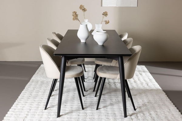 Ellis Dining Table with Velvet Dining Chairs | Modern Black Table & Beige Velvet Chairs, 6-Seater