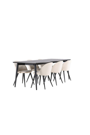 Ellis Dining Table with Velvet Dining Chairs | Modern Black Table & Beige Velvet Chairs, 6-Seater