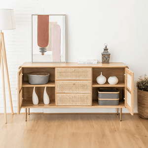 Emmie Sideboard Cabinet – Natural Rattan Front Storage Unit with Ash Esche Wood Frame, Modern Oak Finish Sideboard for Living Room & Dining Space - Sleek Furniture