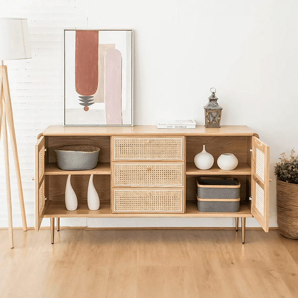 Emmie Sideboard Cabinet – Natural Rattan Front Storage Unit with Ash Esche Wood Frame, Modern Oak Finish Sideboard for Living Room & Dining Space - Sleek Furniture