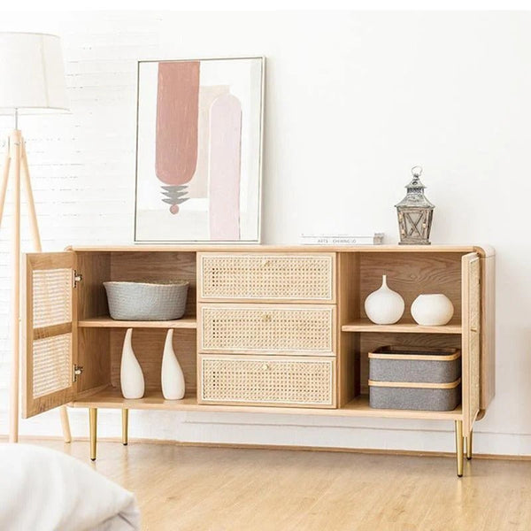 Emmie Sideboard Cabinet – Natural Rattan Front Storage Unit with Ash Esche Wood Frame, Modern Oak Finish Sideboard for Living Room & Dining Space - Sleek Furniture