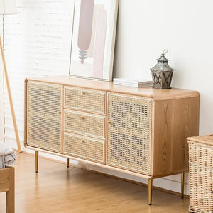 Emmie Sideboard Cabinet – Natural Rattan Front Storage Unit with Ash Esche Wood Frame, Modern Oak Finish Sideboard for Living Room & Dining Space - Sleek Furniture