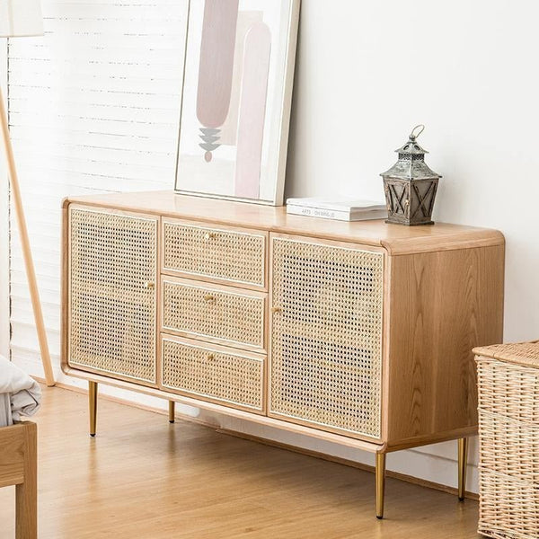 Emmie Sideboard Cabinet – Natural Rattan Front Storage Unit with Ash Esche Wood Frame, Modern Oak Finish Sideboard for Living Room & Dining Space - Sleek Furniture