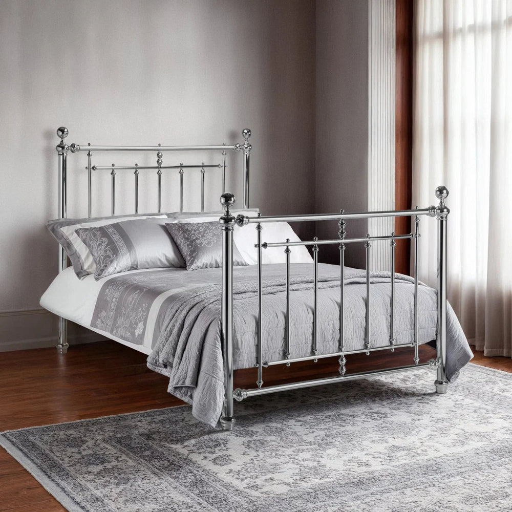 Empress Chrome Metal Bed Frame with High Headboard, Decorative Finials & Sprung Slatted Base - Sleek Furniture
