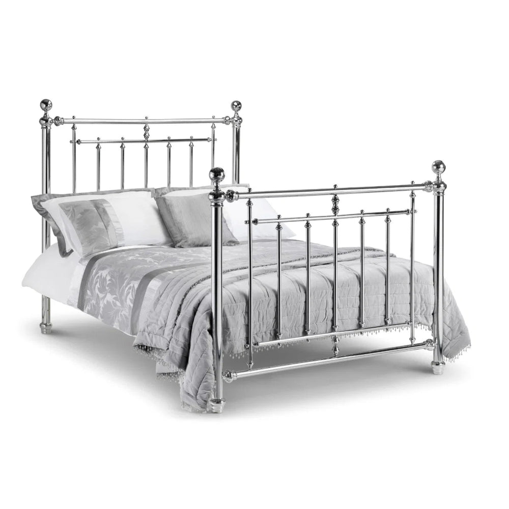 Empress Chrome Metal Bed Frame with High Headboard, Decorative Finials & Sprung Slatted Base - Sleek Furniture