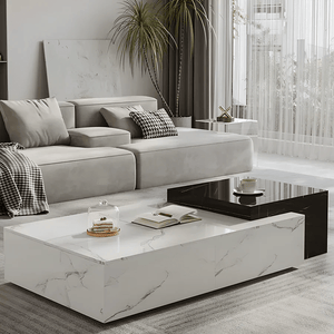Erato Extendable Rectangle Nesting Coffee Table Set with Sintered Stone Top, Modern Space Saving Living Room Tables, White & Black - Sleek Furniture