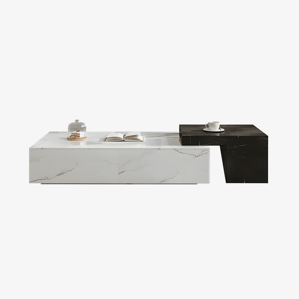 Erato Extendable Rectangle Nesting Coffee Table Set with Sintered Stone Top, Modern Space Saving Living Room Tables, White & Black - Sleek Furniture