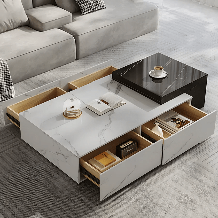 Erato Extendable Rectangle Nesting Coffee Table Set with Sintered Stone Top, Modern Space Saving Living Room Tables, White & Black - Sleek Furniture