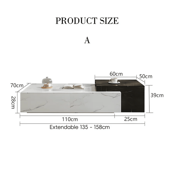 Erato Extendable Rectangle Nesting Coffee Table Set with Sintered Stone Top, Modern Space Saving Living Room Tables, White & Black - Sleek Furniture