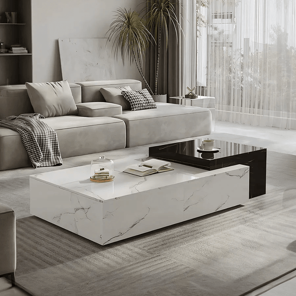 Erato Extendable Rectangle Nesting Coffee Table Set with Sintered Stone Top, Modern Space Saving Living Room Tables, White & Black - Sleek Furniture