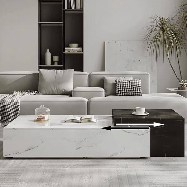 Erato Extendable Rectangle Nesting Coffee Table Set with Sintered Stone Top, Modern Space Saving Living Room Tables, White & Black - Sleek Furniture
