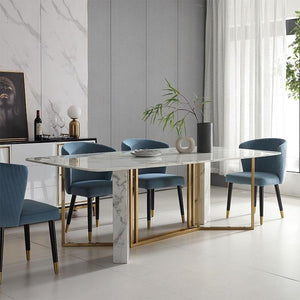 FenX Modern Dining Table, Sintered Stone Top Dining Table with Gold Steel Base, Luxury Marble Effect 6 Seater Dining Table Style for Kitchen & Dining Room, White and Gold Finish - Sleek Furniture