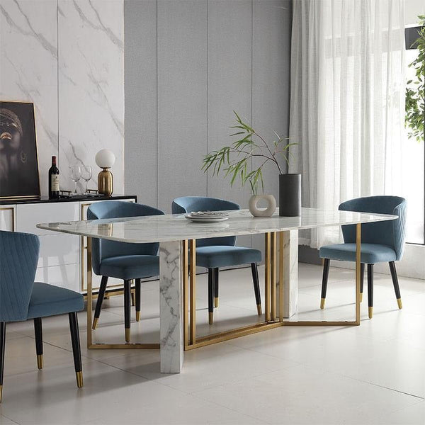 FenX Modern Dining Table, Sintered Stone Top Dining Table with Gold Steel Base, Luxury Marble Effect 6 Seater Dining Table Style for Kitchen & Dining Room, White and Gold Finish - Sleek Furniture