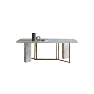 FenX Modern Dining Table, Sintered Stone Top Dining Table with Gold Steel Base, Luxury Marble Effect 6 Seater Dining Table Style for Kitchen & Dining Room, White and Gold Finish - Sleek Furniture