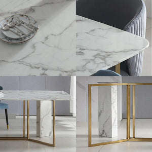 FenX Modern Dining Table, Sintered Stone Top Dining Table with Gold Steel Base, Luxury Marble Effect 6 Seater Dining Table Style for Kitchen & Dining Room, White and Gold Finish - Sleek Furniture
