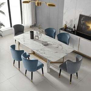 FenX Modern Dining Table, Sintered Stone Top Dining Table with Gold Steel Base, Luxury Marble Effect 6 Seater Dining Table Style for Kitchen & Dining Room, White and Gold Finish - Sleek Furniture