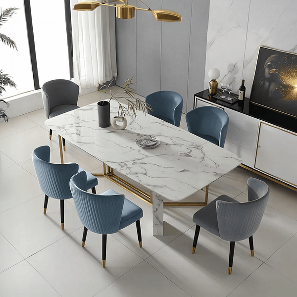 FenX Modern Dining Table, Sintered Stone Top Dining Table with Gold Steel Base, Luxury Marble Effect 6 Seater Dining Table Style for Kitchen & Dining Room, White and Gold Finish - Sleek Furniture