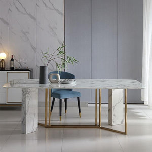 FenX Modern Dining Table, Sintered Stone Top Dining Table with Gold Steel Base, Luxury Marble Effect 6 Seater Dining Table Style for Kitchen & Dining Room, White and Gold Finish - Sleek Furniture