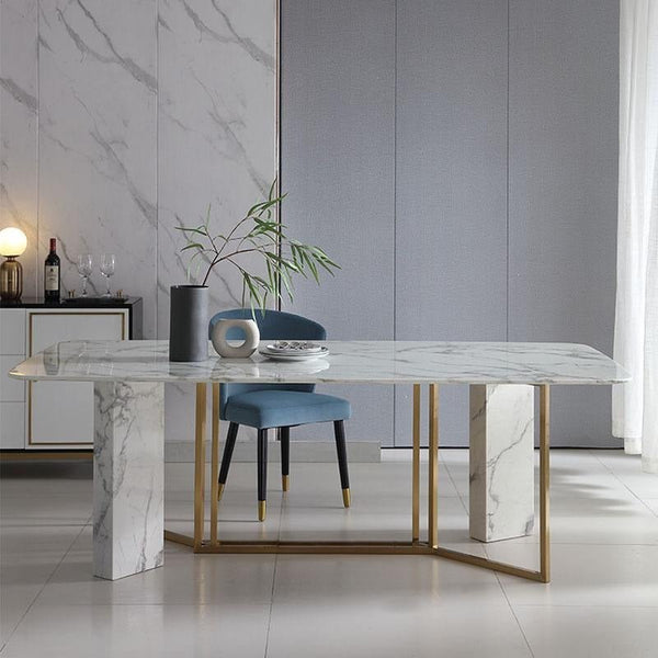 FenX Modern Dining Table, Sintered Stone Top Dining Table with Gold Steel Base, Luxury Marble Effect 6 Seater Dining Table Style for Kitchen & Dining Room, White and Gold Finish - Sleek Furniture