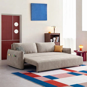 Fernandez Suede Sofa Bed with Storage – 2 Seater / 3 Seater Convertible Sofa Sleeper with High Density Foam and Steel Frame – Milk Tea - Sleek Furniture