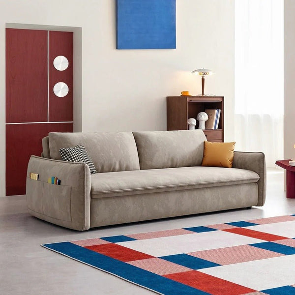 Fernandez Suede Sofa Bed with Storage – 2 Seater / 3 Seater Convertible Sofa Sleeper with High Density Foam and Steel Frame – Milk Tea - Sleek Furniture