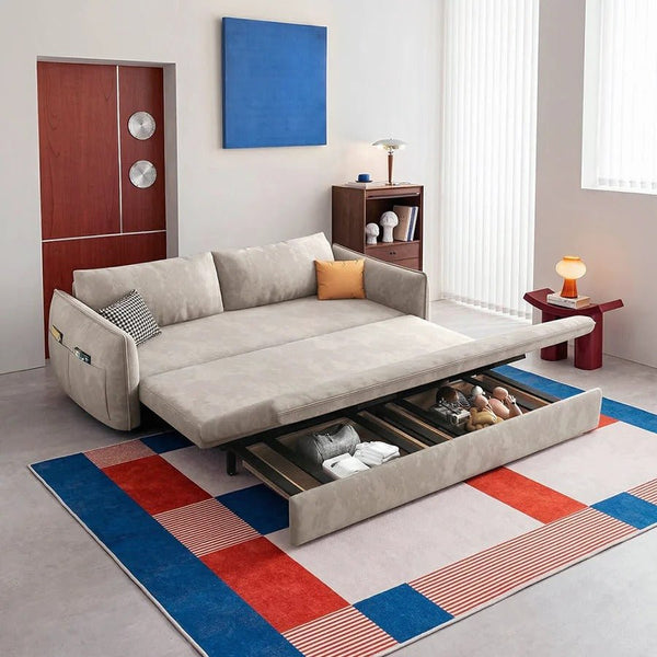 Fernandez Suede Sofa Bed with Storage – 2 Seater / 3 Seater Convertible Sofa Sleeper with High Density Foam and Steel Frame – Milk Tea - Sleek Furniture