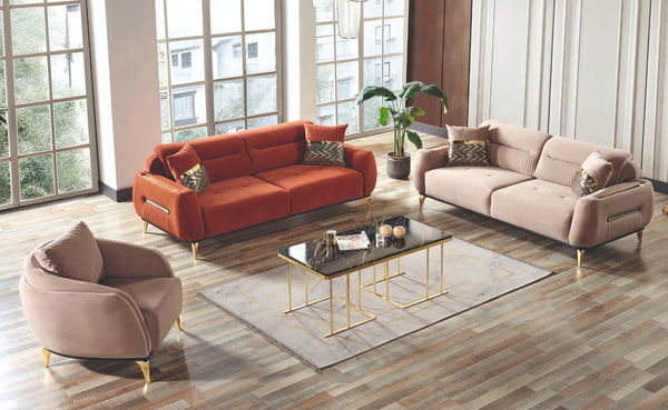 Fiesta 3 Seater Sofa Set | Modern Fabric Sofa with Plush Cushions & Gold Legs | Available in Mink or Orange | Contemporary Living Room Furniture