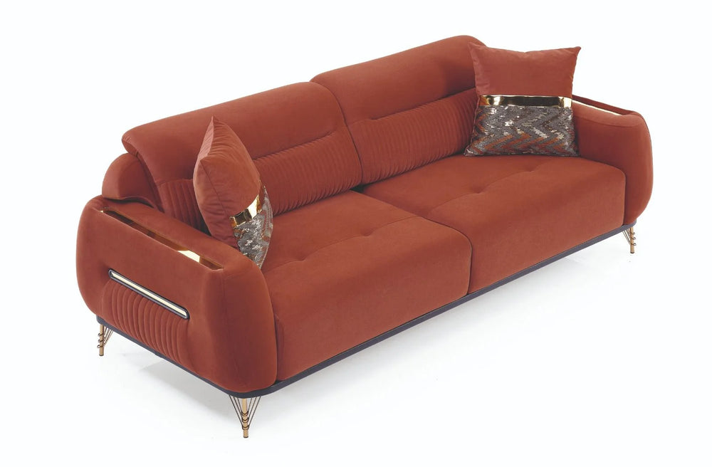 Fiesta 3 Seater Sofa Set | Modern Fabric Sofa with Plush Cushions & Gold Legs | Available in Mink or Orange | Contemporary Living Room Furniture
