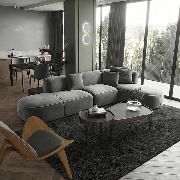 FIN 4-Seater Corner Sofa | Grey Velvet L-Shaped Modern Sofa | Contemporary Living Room Couch | Comfortable Family Sofa Set - Sleek Furniture