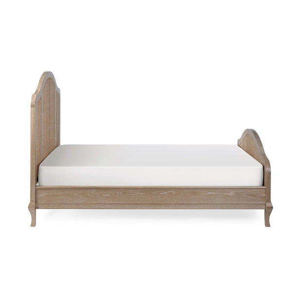 Fleur Light Oak Rattan Bed Frame with Arched Headboard & Footboard, Solid Wooden Frame, French-Inspired Design - Sleek Furniture