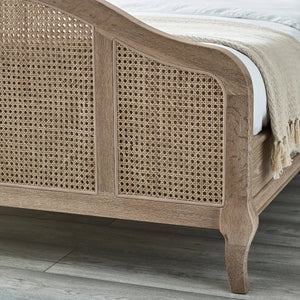 Fleur Light Oak Rattan Bed Frame with Arched Headboard & Footboard, Solid Wooden Frame, French-Inspired Design - Sleek Furniture
