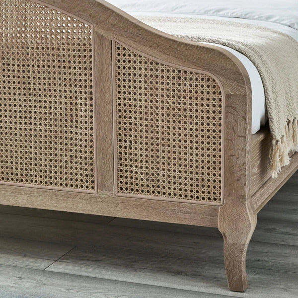 Fleur Light Oak Rattan Bed Frame with Arched Headboard & Footboard, Solid Wooden Frame, French-Inspired Design - Sleek Furniture
