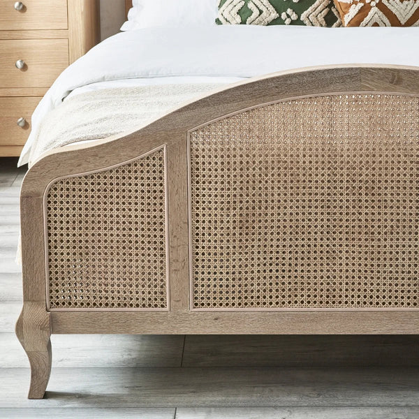 Fleur Light Oak Rattan Bed Frame with Arched Headboard & Footboard, Solid Wooden Frame, French-Inspired Design - Sleek Furniture