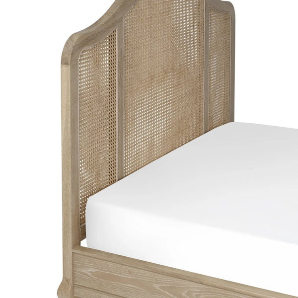 Fleur Light Oak Rattan Bed Frame with Arched Headboard & Footboard, Solid Wooden Frame, French-Inspired Design - Sleek Furniture