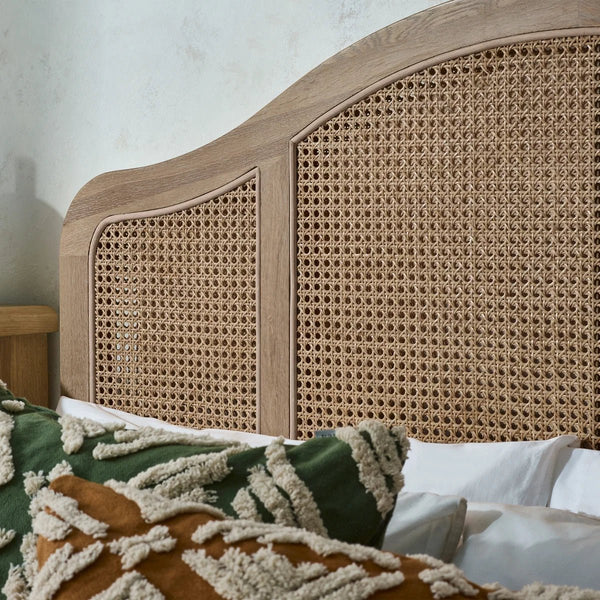 Fleur Light Oak Rattan Bed Frame with Arched Headboard & Footboard, Solid Wooden Frame, French-Inspired Design - Sleek Furniture