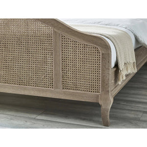 Fleur Light Oak Rattan Bed Frame with Arched Headboard & Footboard, Solid Wooden Frame, French-Inspired Design - Sleek Furniture
