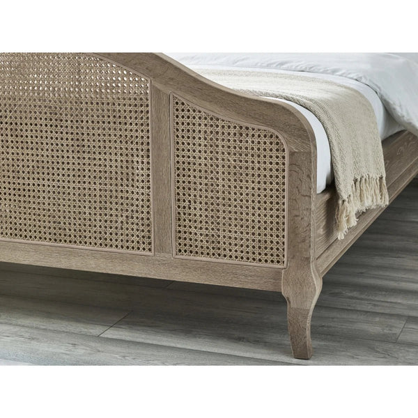 Fleur Light Oak Rattan Bed Frame with Arched Headboard & Footboard, Solid Wooden Frame, French-Inspired Design - Sleek Furniture