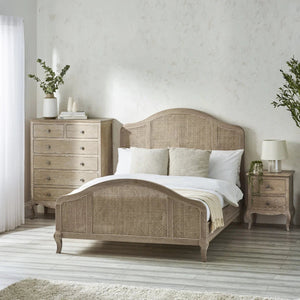 Fleur Light Oak Rattan Bed Frame with Arched Headboard & Footboard, Solid Wooden Frame, French-Inspired Design - Sleek Furniture