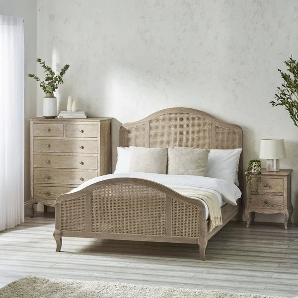 Fleur Light Oak Rattan Bed Frame with Arched Headboard & Footboard, Solid Wooden Frame, French-Inspired Design - Sleek Furniture