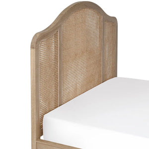 Fleur Light Oak Rattan Bed Frame with Arched Headboard & Footboard, Solid Wooden Frame, French-Inspired Design - Sleek Furniture