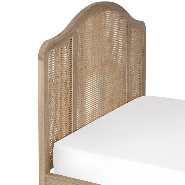 Fleur Light Oak Rattan Bed Frame with Arched Headboard & Footboard, Solid Wooden Frame, French-Inspired Design - Sleek Furniture