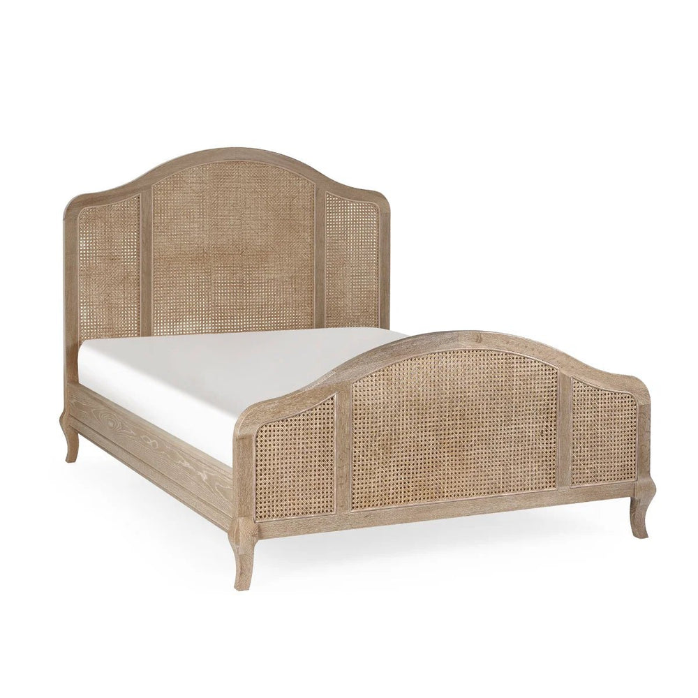 Fleur Light Oak Rattan Bed Frame with Arched Headboard & Footboard, Solid Wooden Frame, French-Inspired Design - Sleek Furniture