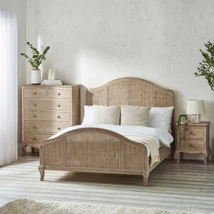 Fleur Light Oak Rattan Bed Frame with Arched Headboard & Footboard, Solid Wooden Frame, French-Inspired Design - Sleek Furniture