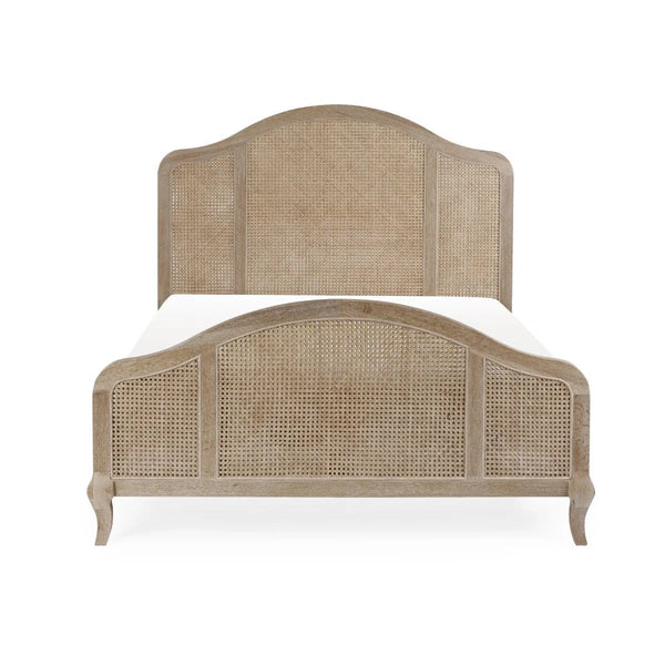 Fleur Light Oak Rattan Bed Frame with Arched Headboard & Footboard, Solid Wooden Frame, French-Inspired Design - Sleek Furniture