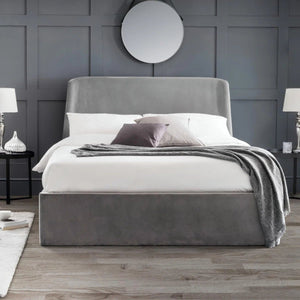 Frida Velvet Storage Ottoman Bed with Curved Headboard – Teal or Grey - Sleek Furniture