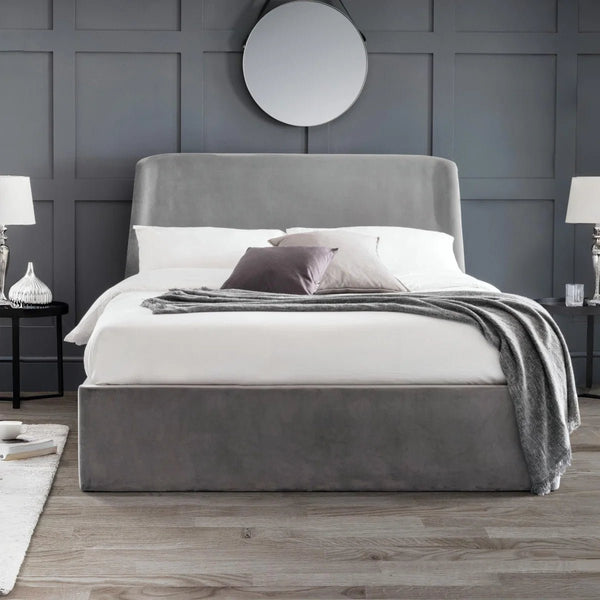 Frida Velvet Storage Ottoman Bed with Curved Headboard – Teal or Grey - Sleek Furniture