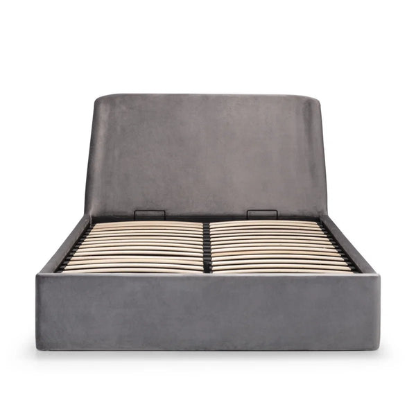 Frida Velvet Storage Ottoman Bed with Curved Headboard – Teal or Grey - Sleek Furniture